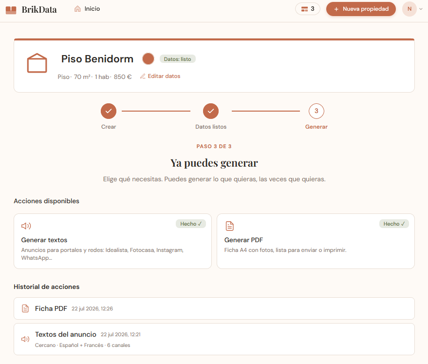Historial de acciones de una vivienda en BrikData: textos y ficha PDF generados