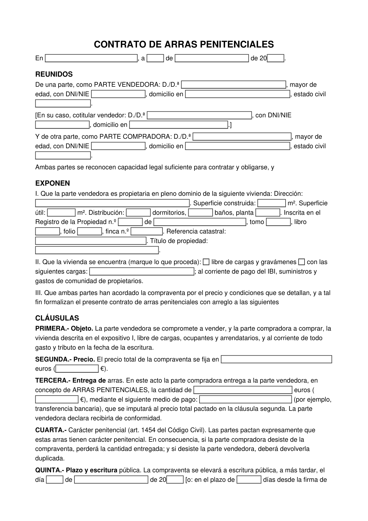 Modelo de contrato de arras penitenciales de vivienda para descargar y rellenar (página 1)