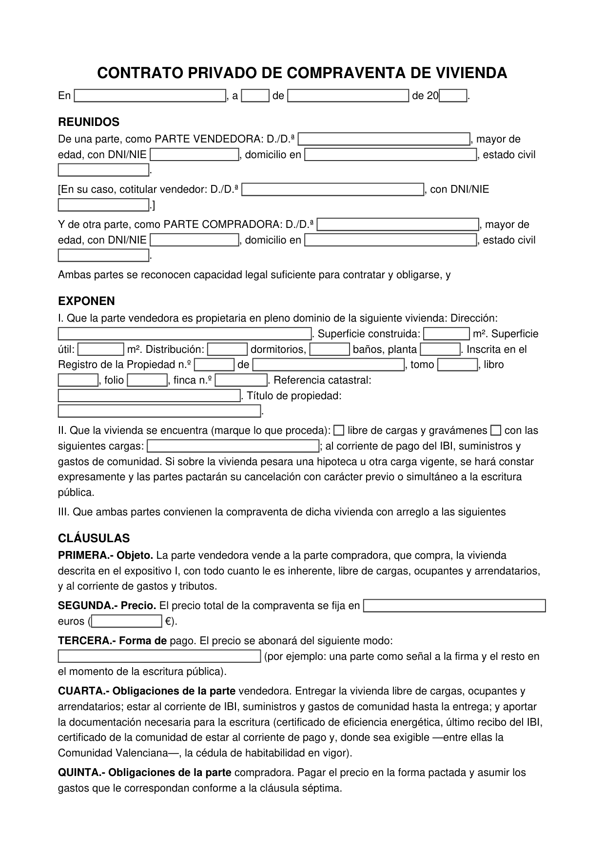 Modelo de contrato privado de compraventa de vivienda entre particulares para descargar y rellenar (página 1)