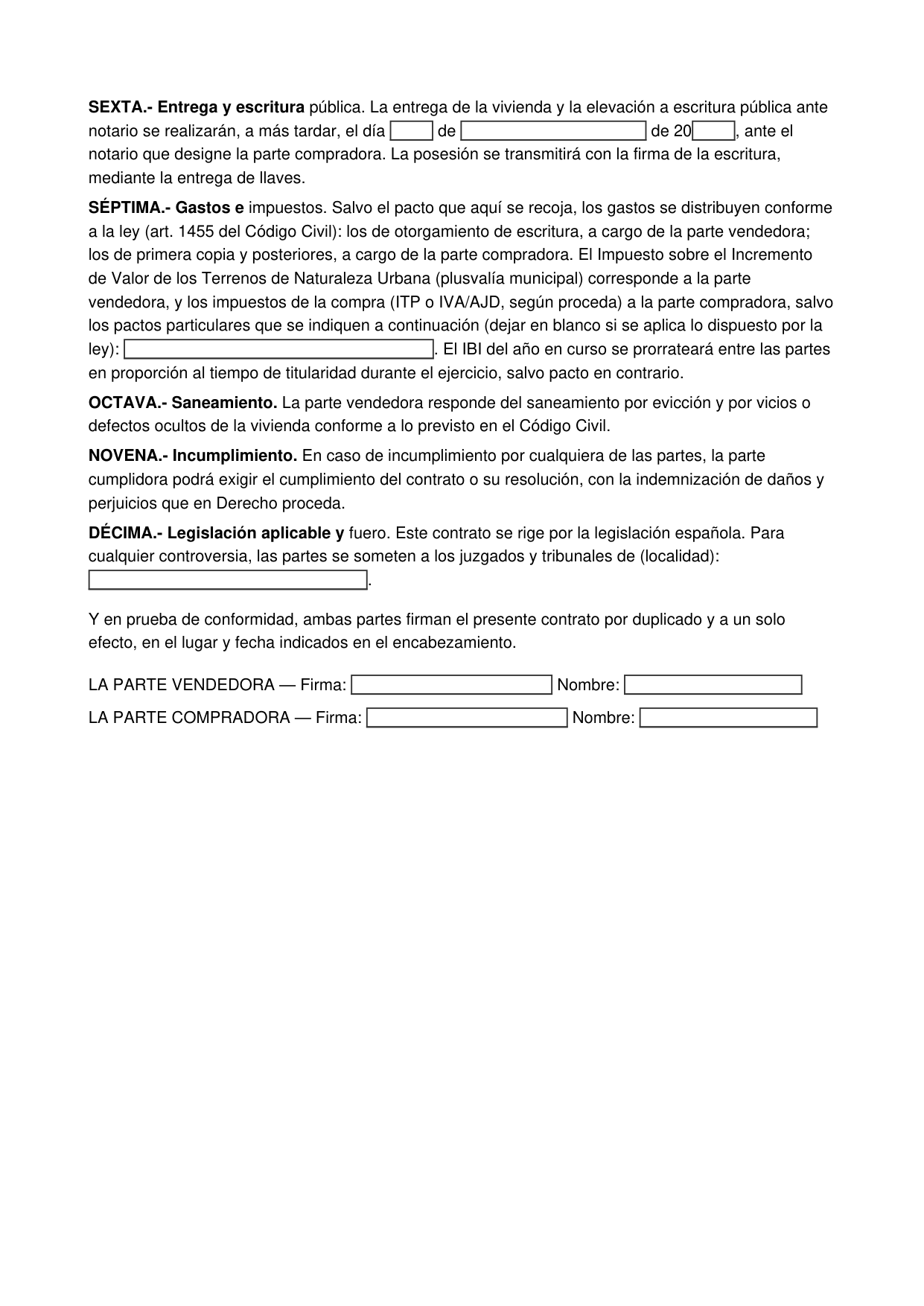 Modelo de contrato privado de compraventa de vivienda entre particulares para descargar y rellenar (página 2)