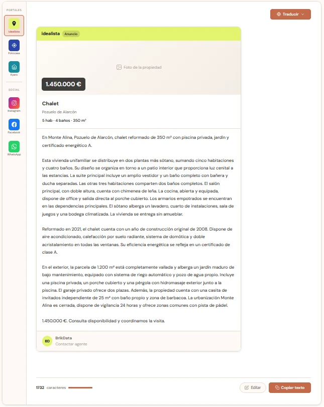 Vista de resultados de BrikData: los seis canales (Idealista, Fotocasa, Kyero, Instagram, Facebook y WhatsApp) con el texto de Idealista ya generado.