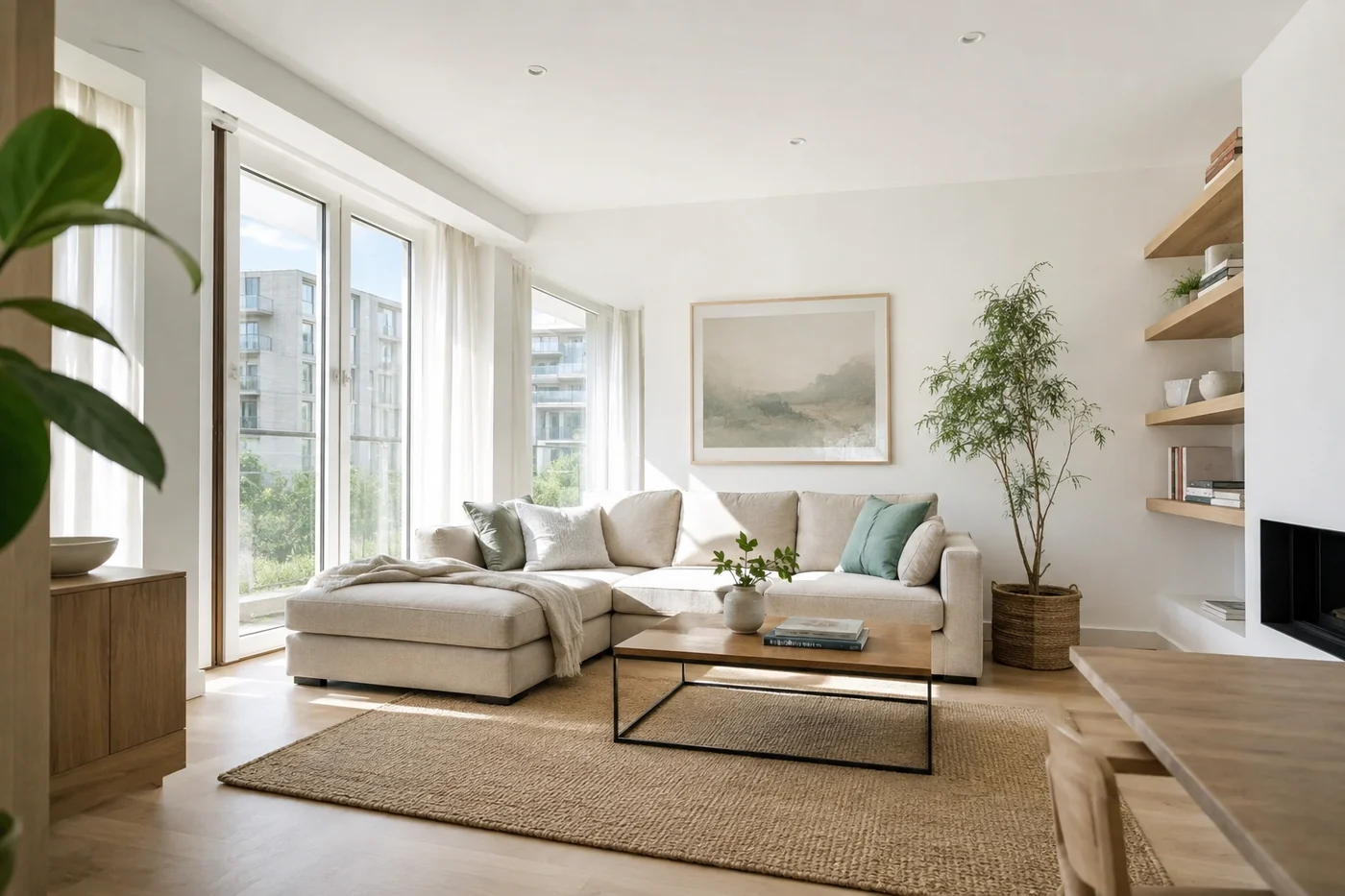 Salón luminoso de una vivienda, con ventanales al suelo y mobiliario claro.