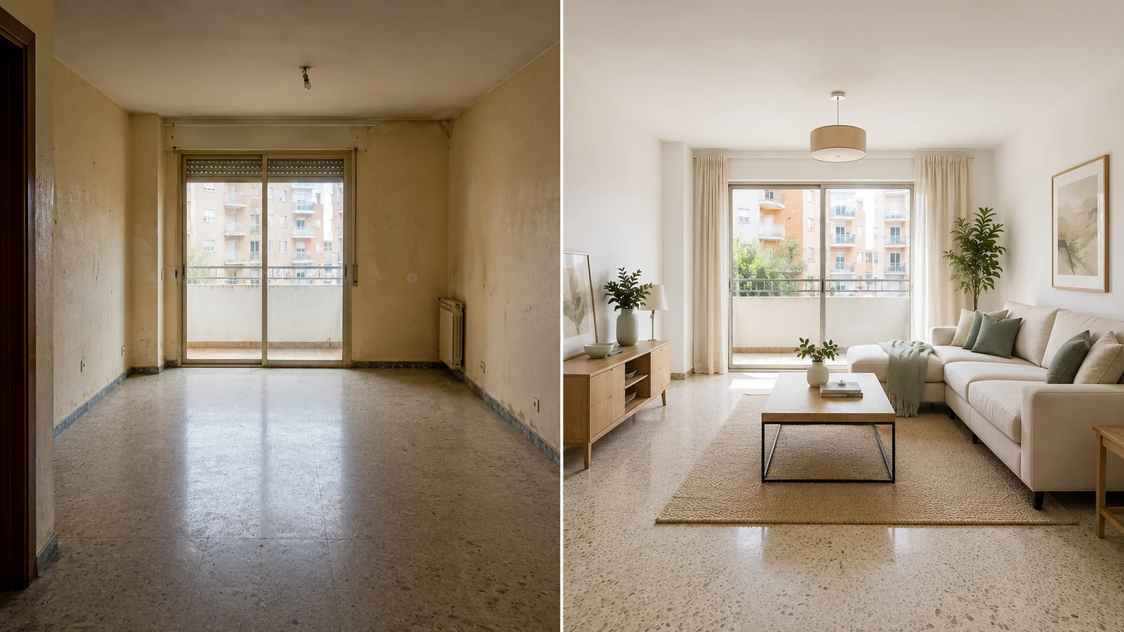 El mismo salón antes y después de un home staging virtual: a la izquierda vacío y con las paredes deterioradas; a la derecha amueblado.